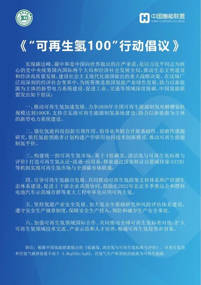 中國氫能聯盟發布《“可再生氫100”行動倡議》